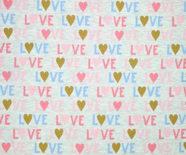 1,25 m Reststück Baumwoll Jersey  Love Schrift Glitzer Herzen auf Grau melliert 